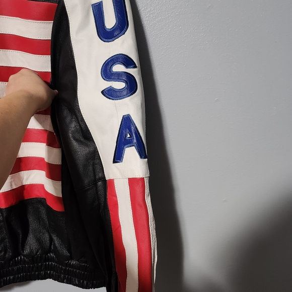OSCAR PIEL Leather USA Flag Jacket Mens Large Black Red White Blue Stars Stripes - Picture 10 of 15